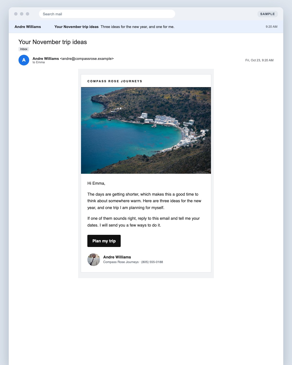 The same sample newsletter in Andre's brand