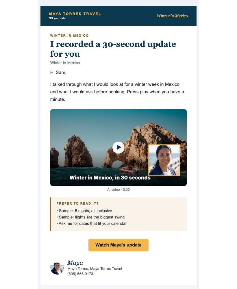 Sample email with a 30-second video update from the agent